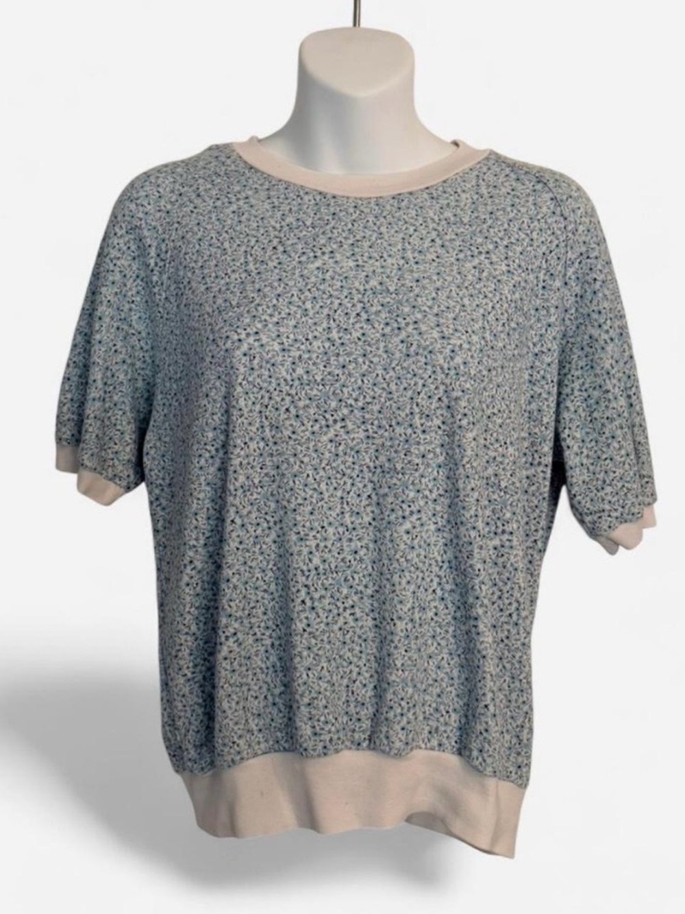 Liz Thomas Light Blue Floral Short-Sleeve Knit Top with Cream Trim, Size Small